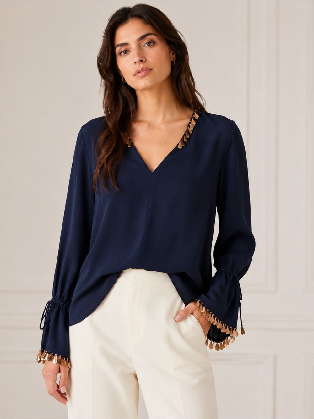 Kobi Halperin Silk Navy V Neck Embellished Sequin Trim Blouse Luxury XS